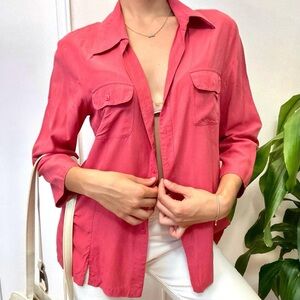 Vintage 100% Silk Pink Button Up Blouse, Size Medium